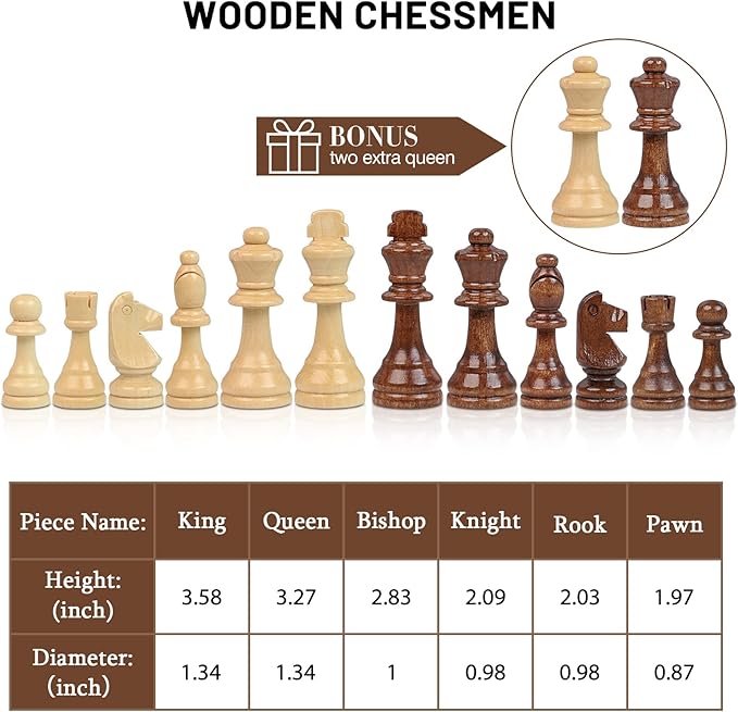 LEAP Wooden Chess Set 17 Inches - 2 Extra Queens - Folding Board Raised Edge Handmade Portable Travel Chess Board Game Sets with Game Pieces Storage Slots - Chess Set for Adults and Beginner