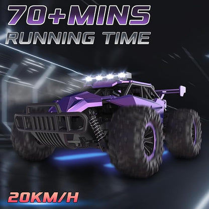 1:16 Scale Purple Remote Control Car 20 Km/h High Speed Girls Remote Control Car Monster Vehicle with LED Headlights and Chassis Lights RC Truck for Girls Boys and Adults