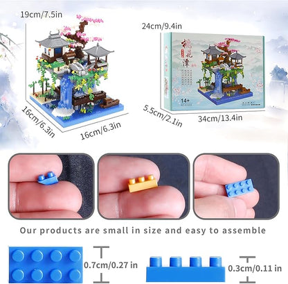 Cherry Blossom Treehouse Micro Mini Building Block Sets Japanese Bonsai Tree Peach Blossom Pool Architecture Building Model Toy Gift for Adults 2500 Pieces