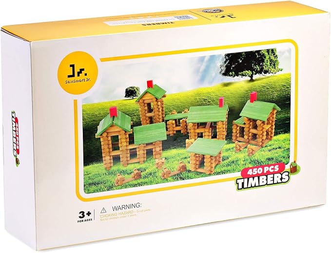 SainSmart Jr. 450 PCS Wooden Log Cabin Set Building House Toy for Toddlers Classic STEM Construction Kit with Colorful Wood Logs Blocks for 3+ Years Old