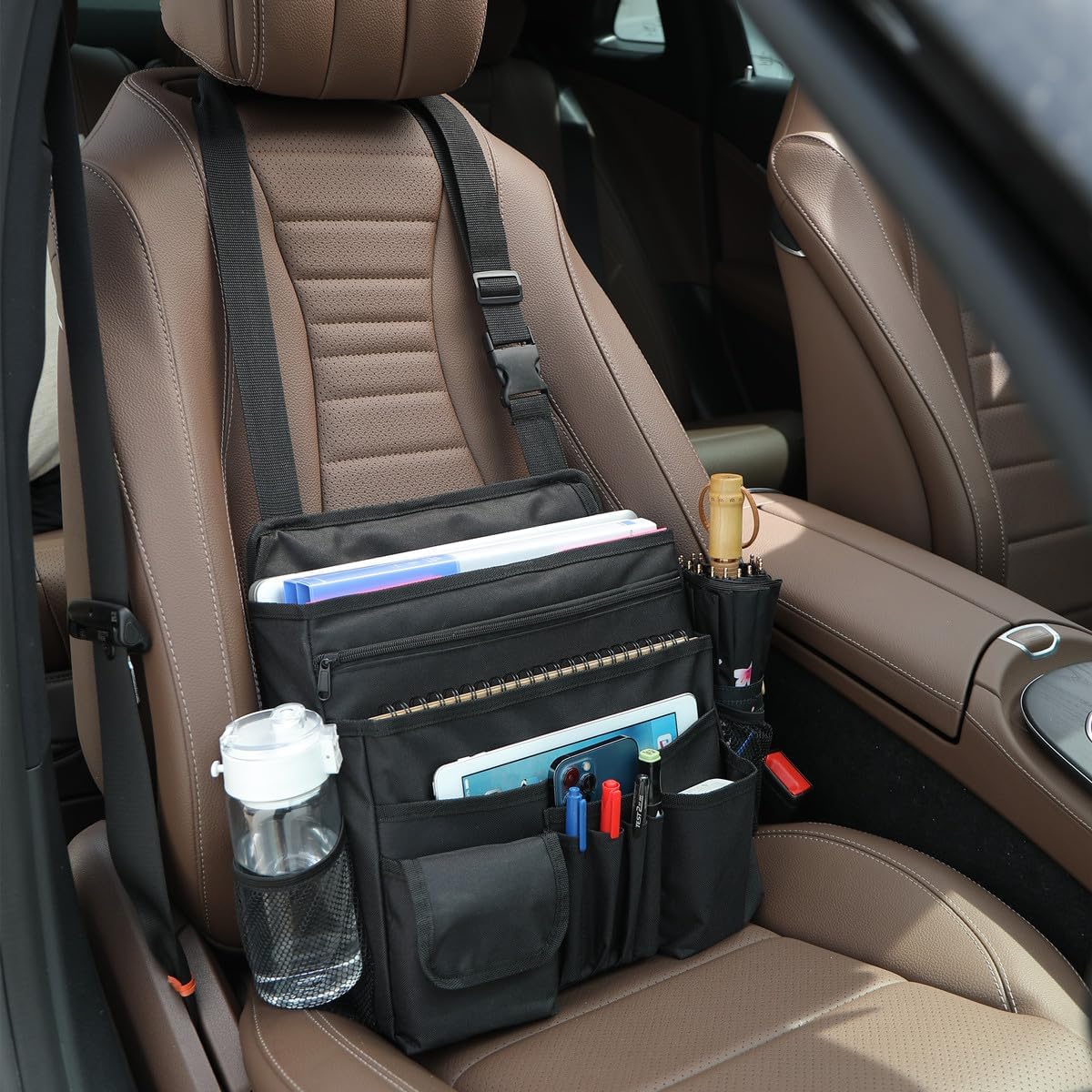 Car Front Seat Organizer for Paperwork File Laptop Mobile Office, Multi Compartment Storage Bag with Cup holder and Adjustable Strap for Car Work Truck Van