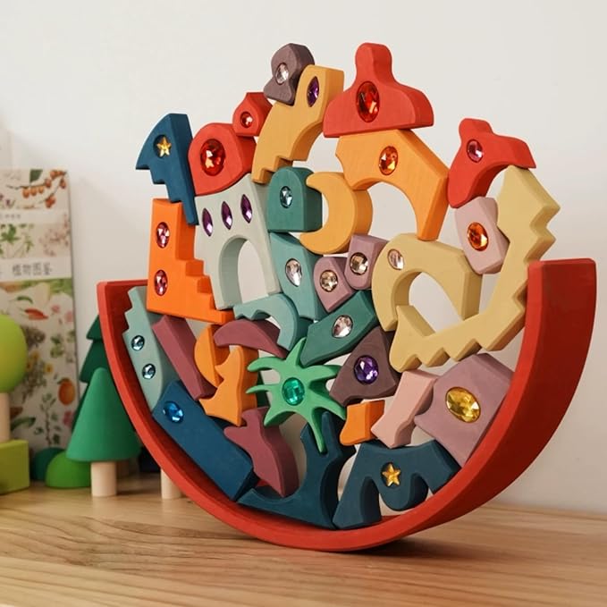 52PCS Wooden Acrylic Gem Blocks Translucent Cubes Stacking Toys Natural Wood Creative Game Blocks Educational Toys for Children (Moon Beach Gemstone Blocks)