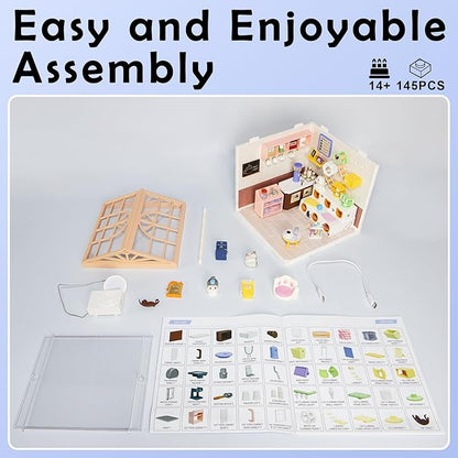 DIY Miniature House Kit with LED Lights Whimsical Cat Cafe Miniature Kit with Roof &amp Dust Covers for Teens DIY Coffee Shop with Cats &amp Furniture Creative Christmas Decoration Gift Idea