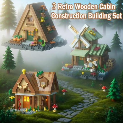 3 Mini Wooden Cabins Micro Building Blocks Toy Set A-Frame House-Mountain Treehouse-Windfall Architecture Kit Compatible with Lego Natural Construction Collection Gift for Adult Teen(2000+PCS)
