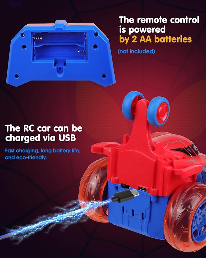 Spider RC Car for Kids – 4WD Remote Control Stunt Car with 360° Flip Fast Monster Crawler Toy with Light-Up Wheels – Rechargeable RC Vehicle Gift for Boys Ages 3-12