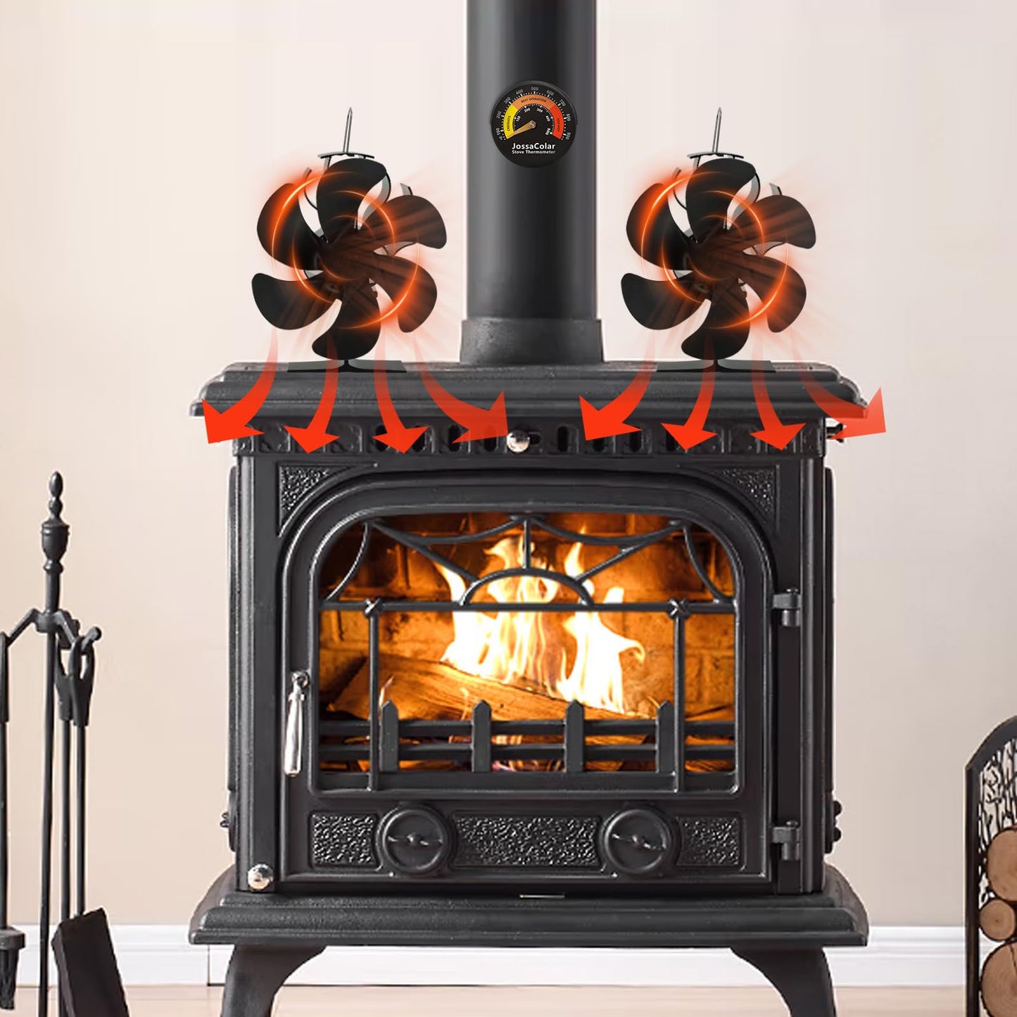 JossaColar Wood Stove Fan Heat Powered Fireplace Fan Non Electric, Thermal Fan for Wood Burning Stove/Pellet/Log Burner, w/Stove Accessories Thermometer