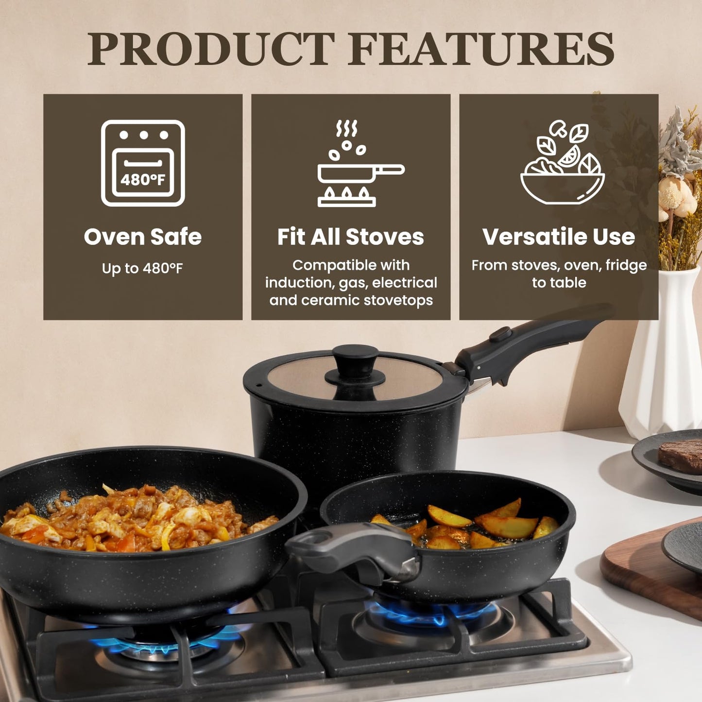 KIKCOIN 20 Pcs Pots and Pans Set Non Stick, Detachable Handle Cookware Sets Nonstick, Non Toxic Induction RV Kitchen Cooking Set with Removable Handles, Dishwasher/Oven Safe, Easy Clean (Black)