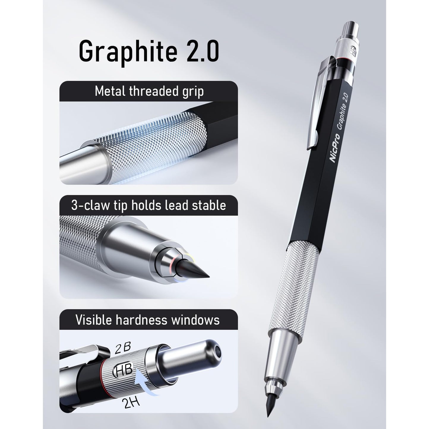 Nicpro 2mm Metal Mechanical Pencil Set, 2PCS Lead Holder 2.0 mm Marker Artist Carpenter Pencils with 120 Graphite Lead Refill (HB 2H 4H 2B 4B & Color), 2 Eraser for Drafting, Drawing Writing Sketching