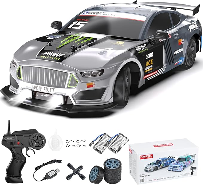 Dollox Remote Control Car 1/16 Scale RC Drift Car 2.4GHz 4WD High Speed 18+KM/H Vehicle with LED Lights and Spray Extra Drifting Tires Racing Vehicle Toys Birthday Gifts for Adults Boys 2 Batteries