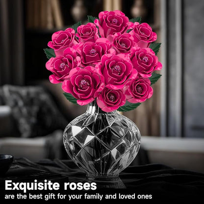 12 Everlasting Pink Roses Bouquet Building Set Gothic Home Office Table Centerpiece Flowers Decor with Heart-Shaped Gift Box Base Perfect Valentine's Day Gift for Her Mom Girlfriend or Wife