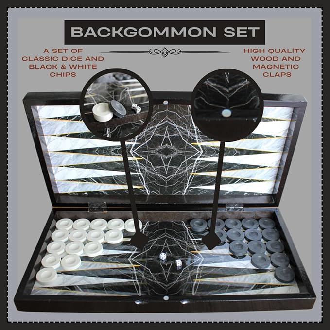 Park&ampOz Premium Turkish Backgammon and Checkers Set 19 Inch Handmade 2 in 1 Wooden Board Game with Glossy Finish Luxury Checkers and Dice Travel Friendly and Foldable (Black Marble)