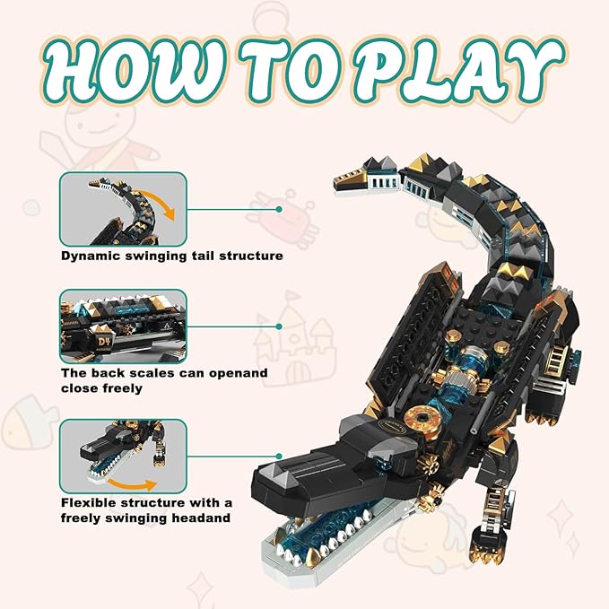 Mechanical Alligator Building Set 541 Pieces Steampunk Crocodile Model Kit with Golden Nameplate Articulated Swamp Beast Construction Toy Cyberpunk Bio-Animal Decor Gift for Adults Teens