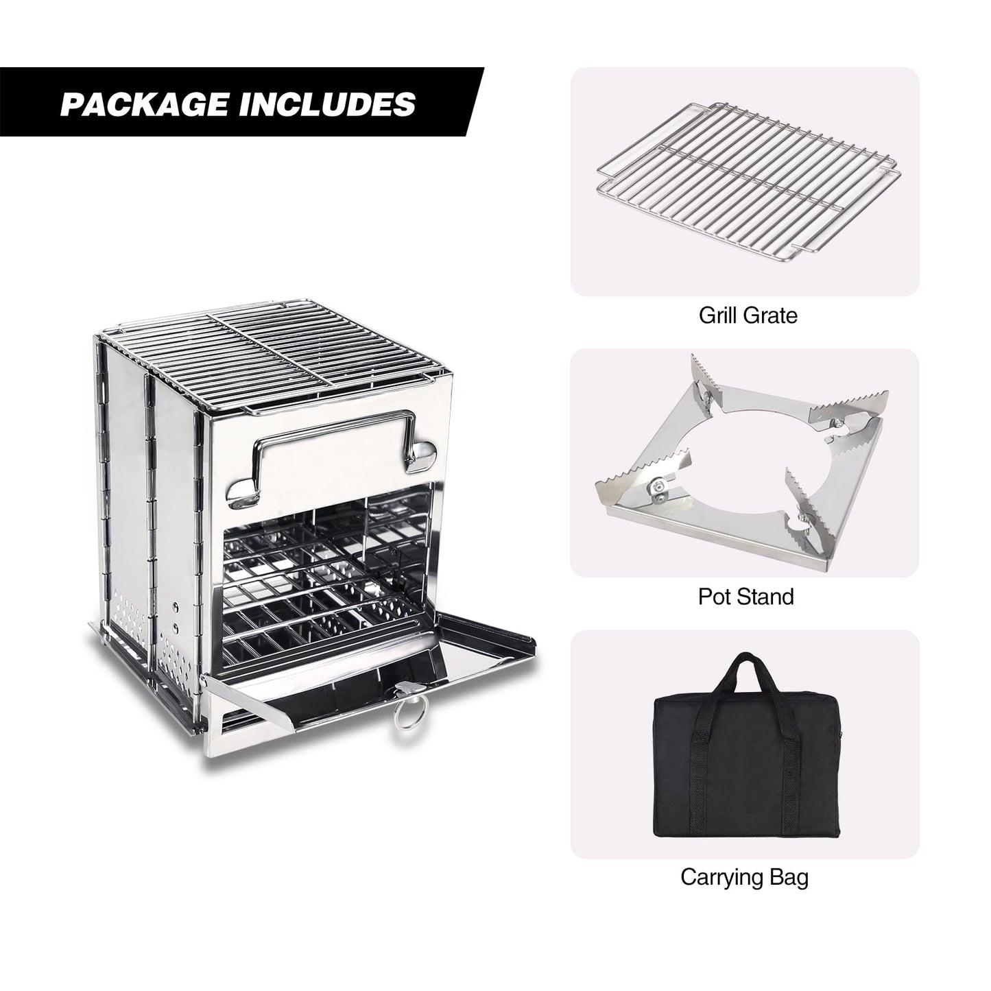 REDCAMP Wood Burning Folding Camp Stove Stainless Steel Grill and Pot Stand, Portable Collapsible Backpacking Stove Survival Rocket Stove for Hiking Outdoor Tent Camping Picnic, Largel with Pot Stand