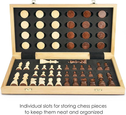 AMEROUS 15'' Magnetic Wooden Chess &amp Checkers Game Set -2 Extra Queens -24 Cherkers Pieces - Chessmen Storage Slots Beginner Chess Set for Kids and Adults Classic 2 in 1 Board Games