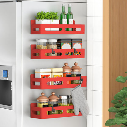 4 Pack Magnetic Spice Rack for Refrigerator, Spice Rack Organizer, Moveable Magnetic Shelf Fridge Organizer with 4 Hooks for Kitchen and Oven Organization, Black