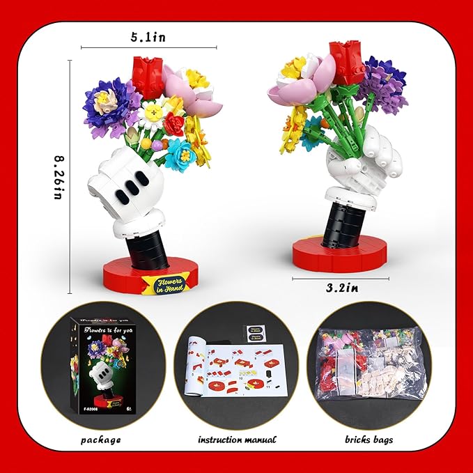 Flower Bouquet Building Set with Display Stand - Artificial Fake Plants Botanicals Flowers for Home Decor for Boys Girls Kids 6+ ＆ Valentines Day Gift for Adults