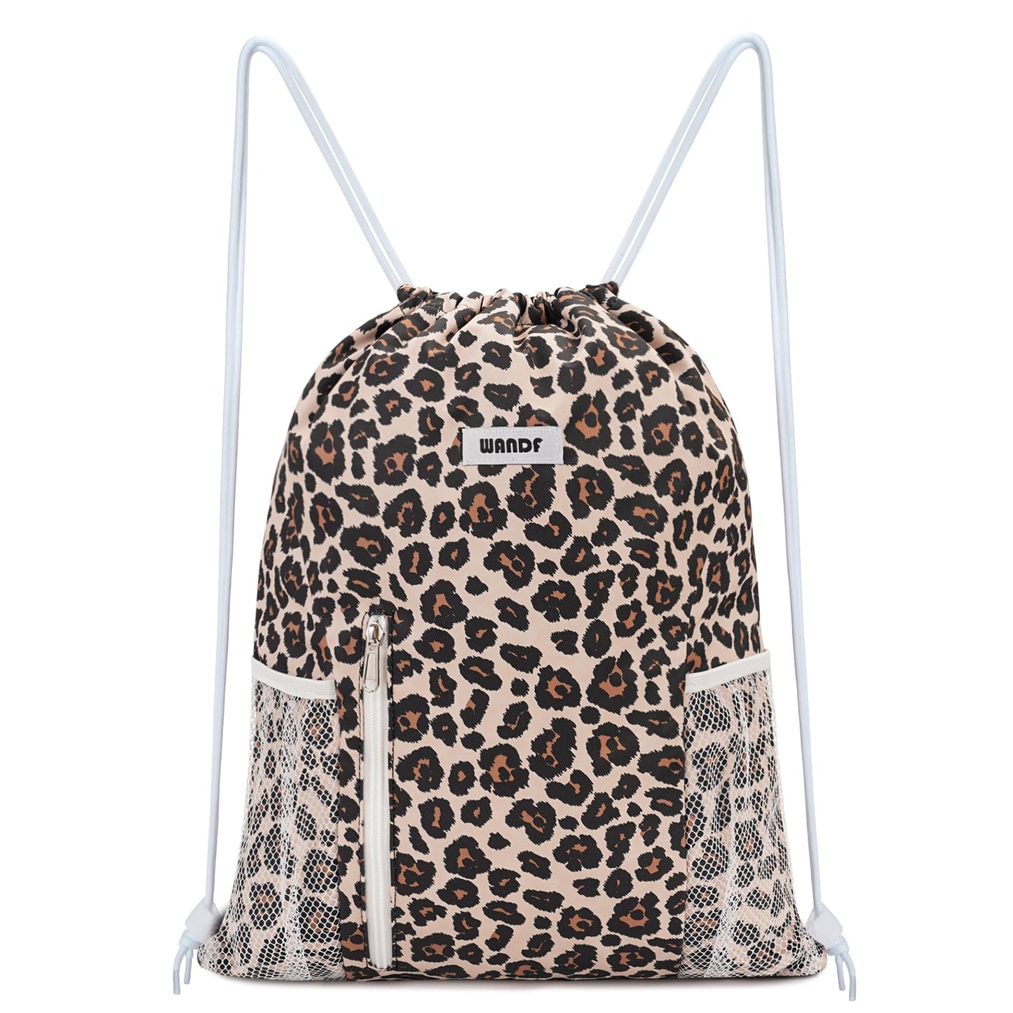 WANDF Drawstring Backpack Sports Gym Sackpack with Mesh Pockets Water Resistant String Bag for Women Men (Pink Leopard)