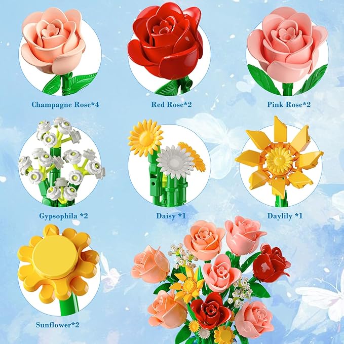 14 Flowers Bouquet Building Set with Vase and LED Light Easter Gifts for Family Friends 747 PCS Mini Roses Flower Building Blocks Toy Artificial Roses Flowers Home Decor &amp Display