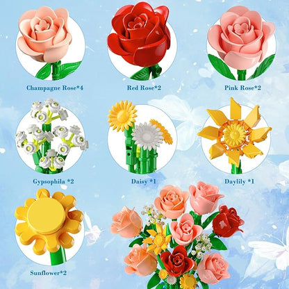 14 Flowers Bouquet Building Set with Vase and LED Light Easter Gifts for Family Friends 747 PCS Mini Roses Flower Building Blocks Toy Artificial Roses Flowers Home Decor &amp Display