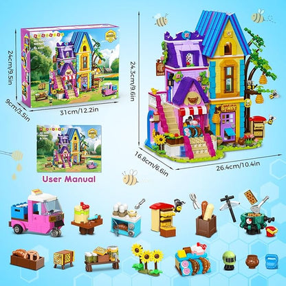 HOGOKIDS Beekeeping &amp Bakery House Building Toy with LED Light - 1084PCS Friends Girls Baking Building Set with Honey Workshop Pretend Play Birthday for Kid Girls Boys Ages 8-12+ Years