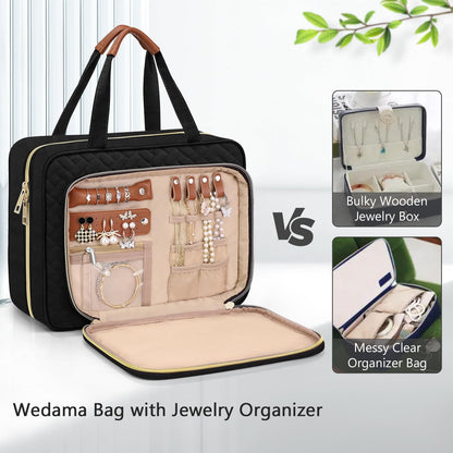 Wedama Toiletry Bag for Women, Hanging Travel Toiletry Bag with Jewelry Organizer Compartment Large Makeup Bag, PVC Waterproof Cosmetic Travel Bag for Travel Business Trips Camping Bathroom, Black