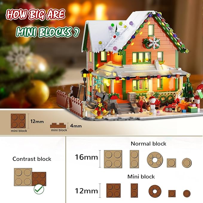 Christmas House Mini Building Set with Light PLAXSOON 1961 PCS Holiday Snow Village Architecture Model Building Block with Santa Claus Sleigh Xmas Display Toy Set for Adults Kids Boys Girls Ages 14+