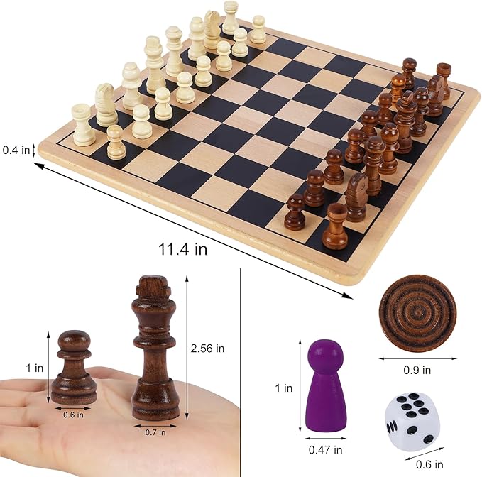Glintoper 5-in-1 Wooden Board Game with 2 Reversible Boards for Chess Checkers Chinese Checkers Snakes and Ladders Tic Tac Toe Tabletop Combo Classic Portable Board Games for Kids to Adult