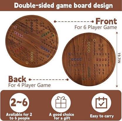 Circular Large Marble Board Game with Double-Sided Painted Wooden Fast Track Board Game with 24 Marbles 6 Dice4-Player Game 6-Player Game Universal Original Natural Marble (Burnt Color)