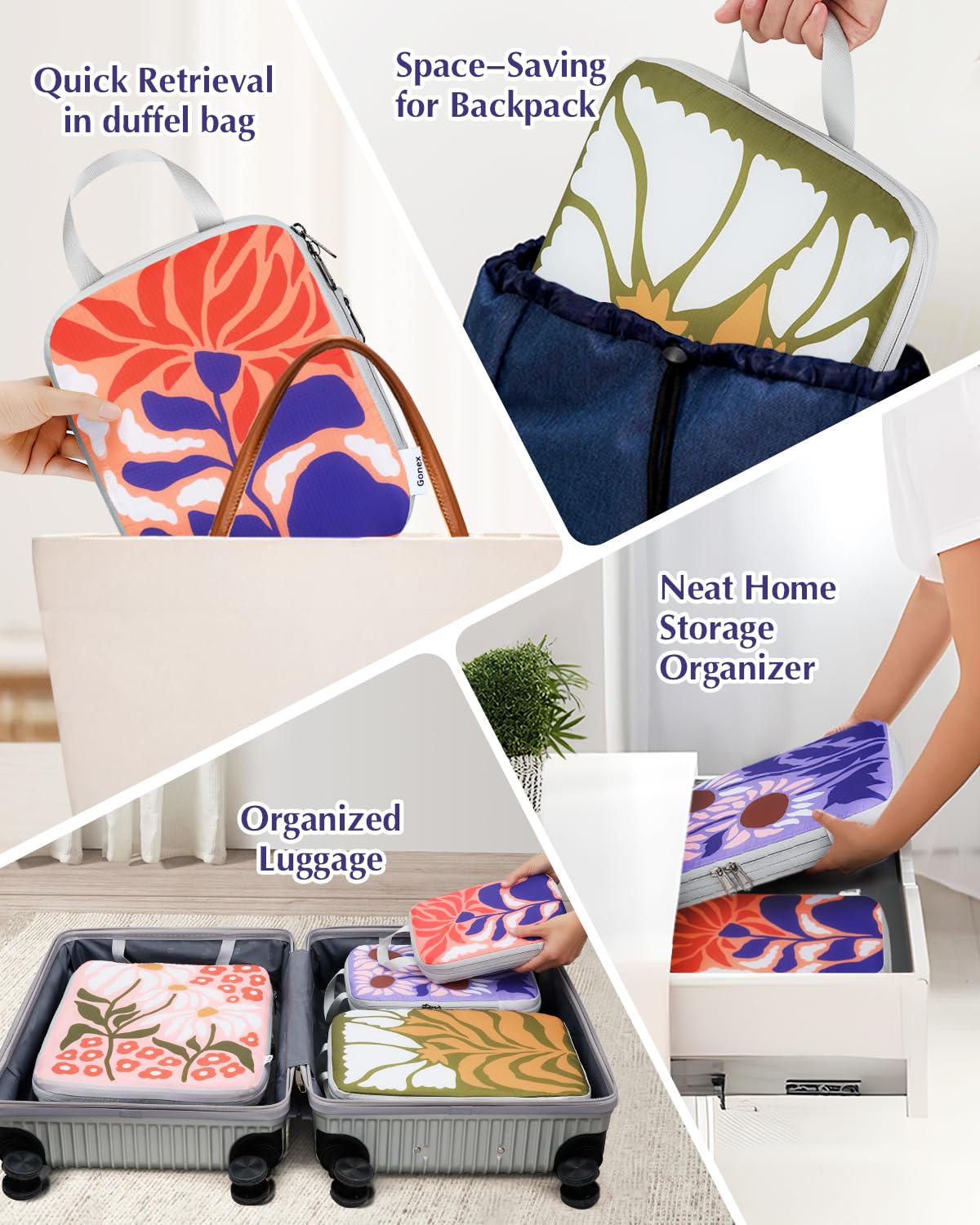 Gonex Compression Packing Cubes, 4pcs Expandable Storage Travel Luggage Bags Organizers, Travel Cubes for Suitcase Carry On (Flowers)