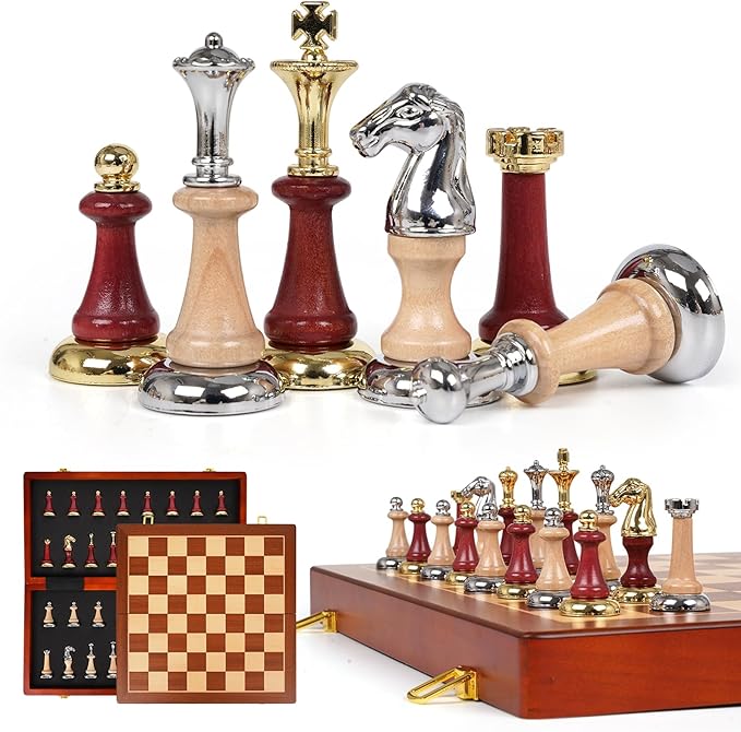 Large Wooden Chess Set with Metal &amp Wooden Chess Pieces Luxury 17 Inch Chess Board Game with 2 Extra Queens Premium Classic Strategy Board Game for Adults Kids Beginners &amp Gift Lovers