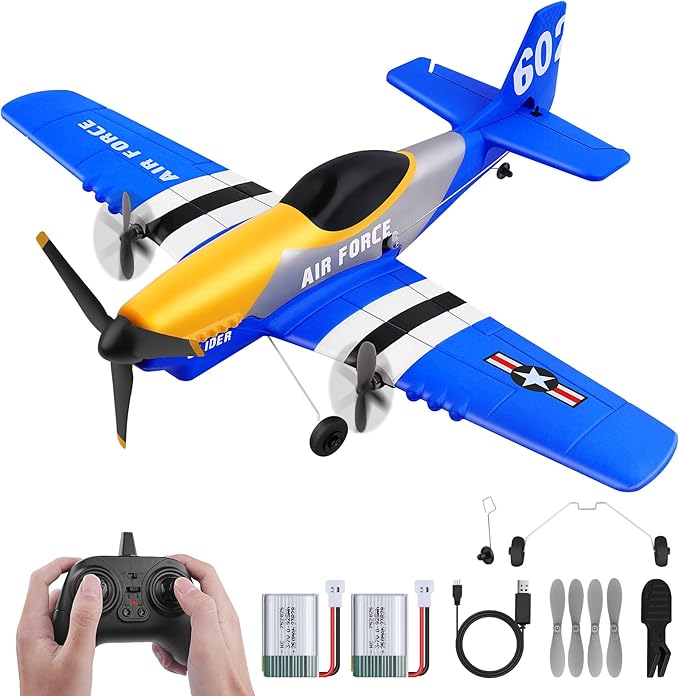 RC Plane 3-Channel 2.4GHZ RC Airplane P51D Mustang Fighter with 2 Batteries KF602 Remote Control Plane Gyroscopes Stabilization System Easy to Fly Suitable for Beginners Kids Adults