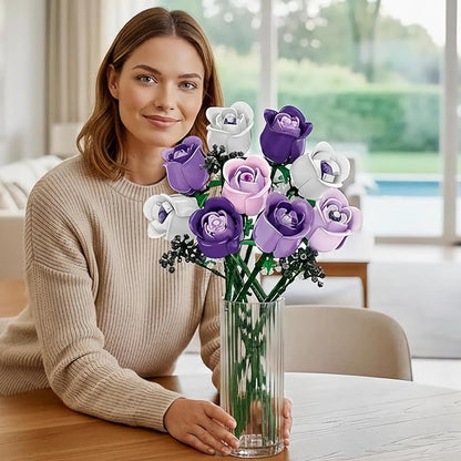 ENJBRICK Pink &amp Purple Roses Flower Bouquet Building Set 615Pcs Everlasting Botanical Collection Compatible with Lego for Adults Aesthetic Home Decor &amp Romantic Gift for Women Anniversary