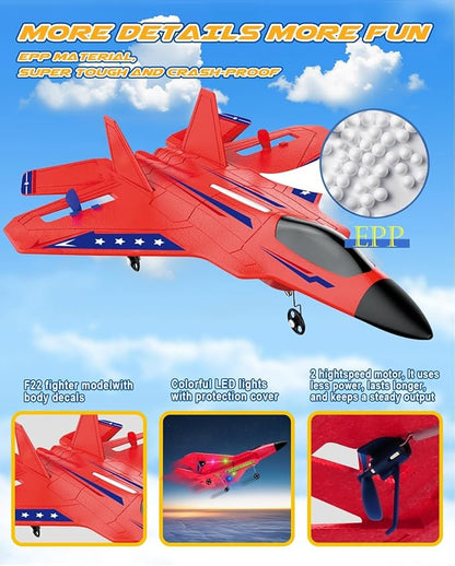 F22 RC Airplane 2.4GHz Remote Control Jet with Gyro Stabilizer LED Lights 2 Batteries Easy to Fly for Kids Boys Adults Beginners (Red)