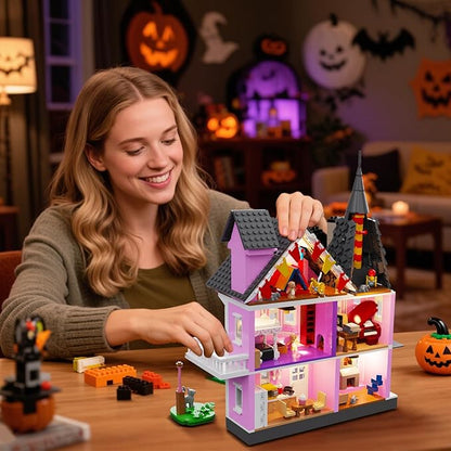Pink Girls House Building Set with Light Haunted House Construction Building Toys Architecture Building Kit for Adults Compatible with Lego Halloween for 14+ (1537 PCS)