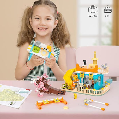 QLT QIAOLETONG Cute Cat House Toy Building Set for Adult Compatible with Lego Friend 521 PCS Friendship House Building Blocks Kit with Animals Ideas Birthday Gift for Teen Boys
