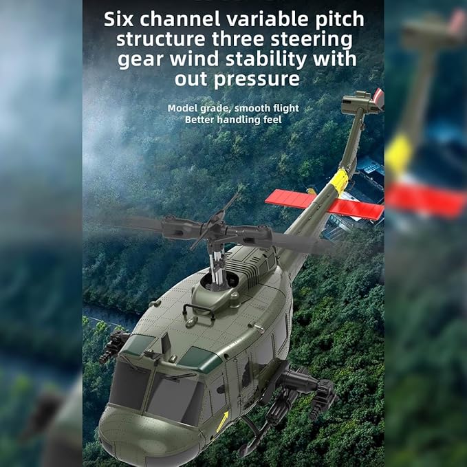 C032 UH-1 Huey RC Helicopter for Adults - 1/48 Scale 2.4G 6CH Flybarless Remote Control Helicopter Model 3D Stunt Flight &amp High-Precision RC Airplane (Green (2 Batteries))