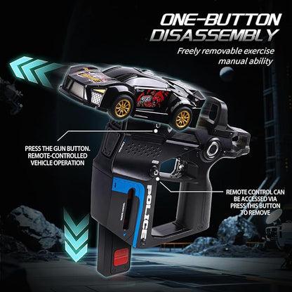 3-in-1 RC Drift Car Remote Control 1:24 Police/Sports/Racing Rechargeable 2-Player Battle Set with Infrared Gun Knock-to-Flip 60 Min Play for Kids 4 5 6 7 8 9 Year Old (Black)