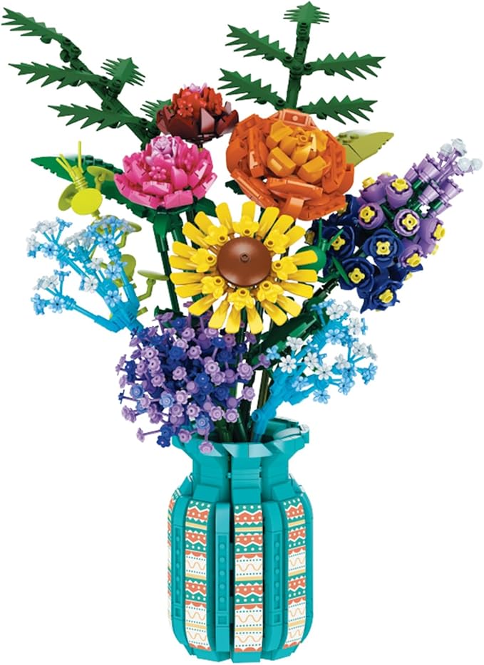 Flowers Bouquet Toys Building Blocks Set with Vase Botanical Collection Including Roses Sunflower Hyacinth Hydrangea for Adults Teen Girls Home Office Decor -1853 PCS