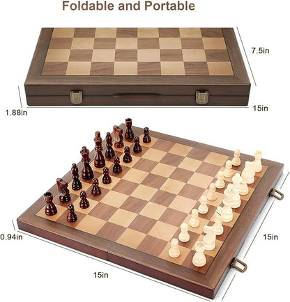 Magnetic Wooden Chess Set for Adults Kids 15'' Chess Board with Handmade Pieces Folding Portable Travel Unique Chess Sets Game for Tournament Professional Beginner