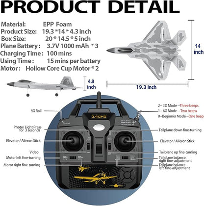 RC Planes 4 Channel F22 Raptor Remote Control Airplane with LED Light 6-Axis Gyro 3 Flight Modes One-Key Aerobatic Wingspan 500mm Fuselage 360mm RTF Suitable for Outdoors and Gifts
