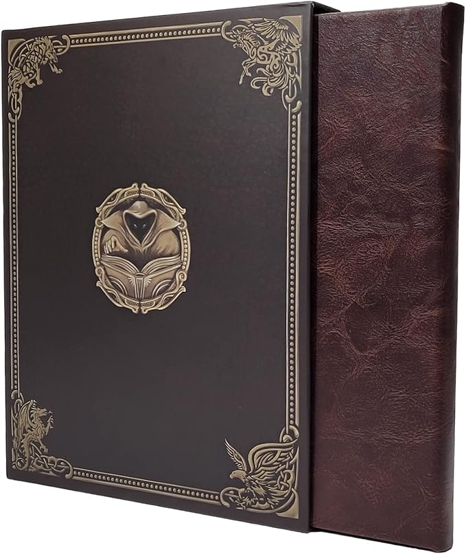 Game Master Screen - 30in Portrait DM Screen Compatible with Dungeons and Dragons and Other TTRPG - Faux Dragon Skin with Clear Dry Erase 8.5 x 11 Pockets - Slipcase Stores with DND Books - Brown