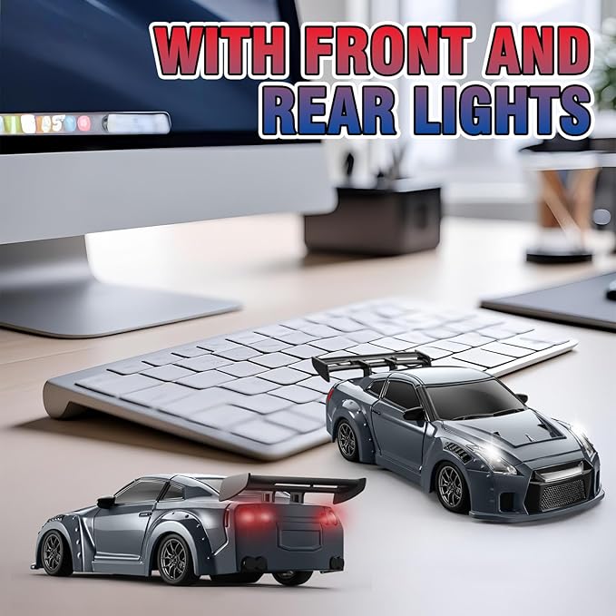 ACAMMZAR Mini RC Drift Car with Gyro 1:43 4WD Full Proportional RC Cars 18KM/H High Speed Remote Control Car with Lights Extra Racing Tires Vehicle for Adults Kids Boys Light Gray