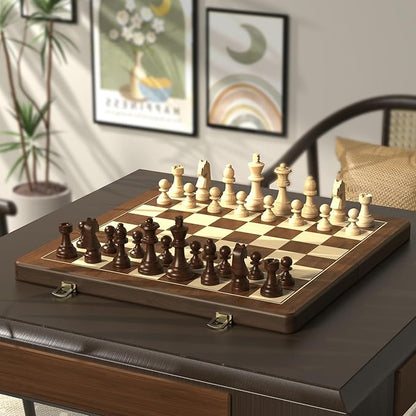 Premium Natural Walnut 15 Magnetic Wooden Folding Chess &amp Checkers Set- 2 in 1 Board Game with 3 King Staunton Pieces and 2 Extra Queens Checkers and Dust-Proof Storage Bag (Black)