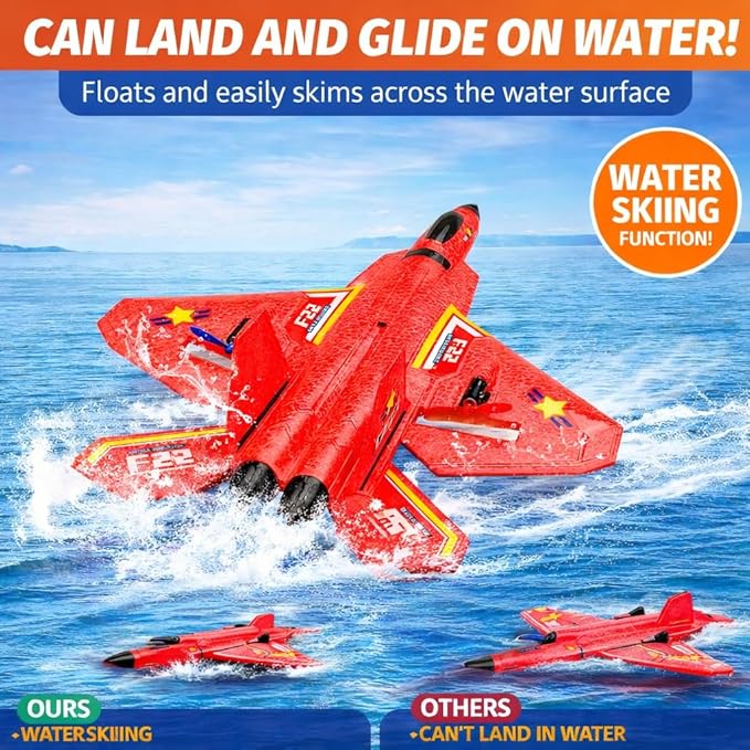 Remote Control Plane F-22 Raptor 2.4GHz Durable Foam Rc Airplane with Smart Gyro/LED Lights/3 Rechargeable Batteries RC Jet Glider Toy Gift for Kids Boys Girls 8-16 Year Old (Red)