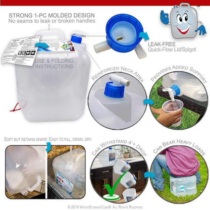 WaterStorageCube BPA-Free Collapsible Water Container with Spigot, Camping Water Storage Carrier Jug for Outdoors Hiking Backpack & Survival Kit, Foldable Portable Water Canteen (8-Pack)
