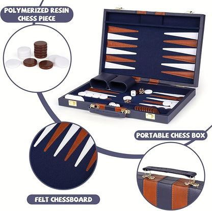 15-Inch Portable Backgammon Set with Faux Leather Case –Classic Board Game with Dice Chips &amp Doubling Cube for Travel &amp Home Entertainment