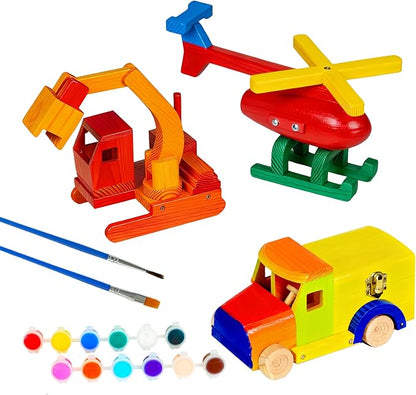 Easy Playhouse: Wood Building Toy Kit - DIY 3 Vehicle Projects: Helicopter Truck &amp Excavator 12 Paint Colors &amp 2 Brushes Arts &amp Craft Set Kids 8+