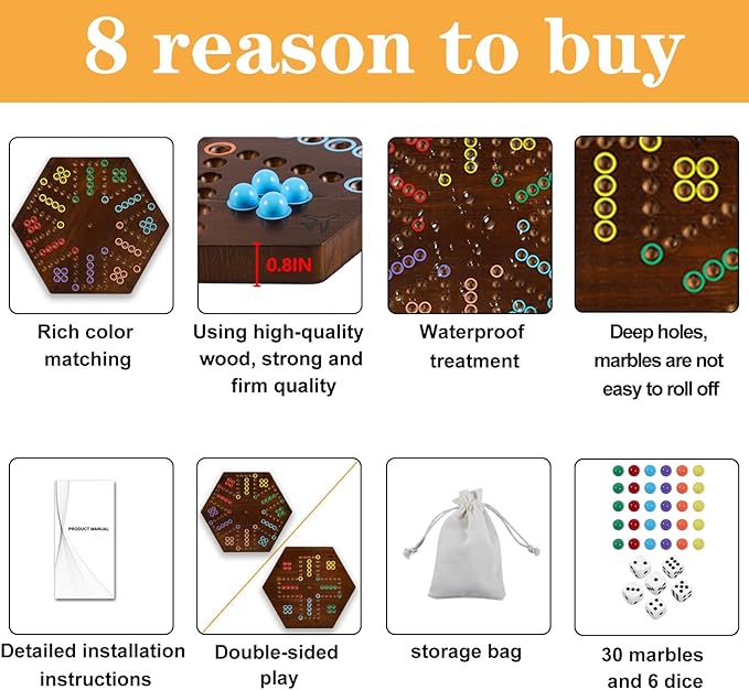 Wahoo Board Game Wooden Original Board Game Classic 2 Side Painted Fast Track Game for 4 Player and 6 Player with 30 Marbles6 Dices for Family Game Night(SmallFlame)