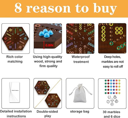 Wahoo Board Game Wooden Original Board Game Classic 2 Side Painted Fast Track Game for 4 Player and 6 Player with 30 Marbles6 Dices for Family Game Night(SmallFlame)
