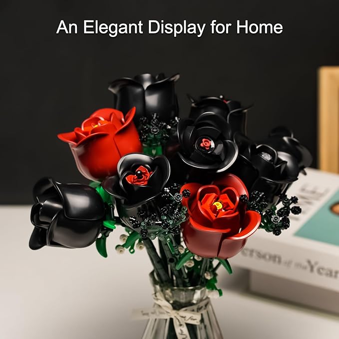 ENJBRICK 12 Pack Gothic Black Roses Building Set Compatible with Lego Red &amp Black Flower Bouquet with Baby's Breath Unique Romantic Gifts for Women Aesthetic Home Decor